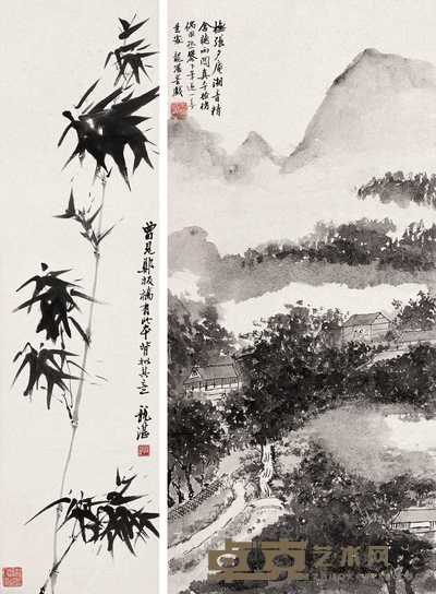 朱龙湛 山水 竹石图（二轴） 立轴 62.3×16.8cm×2
